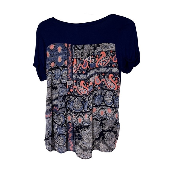 Honey Punch | Navy Blue Paisley Short Sleeve Pullover Blouse Top, Large - Picture 2 of 6